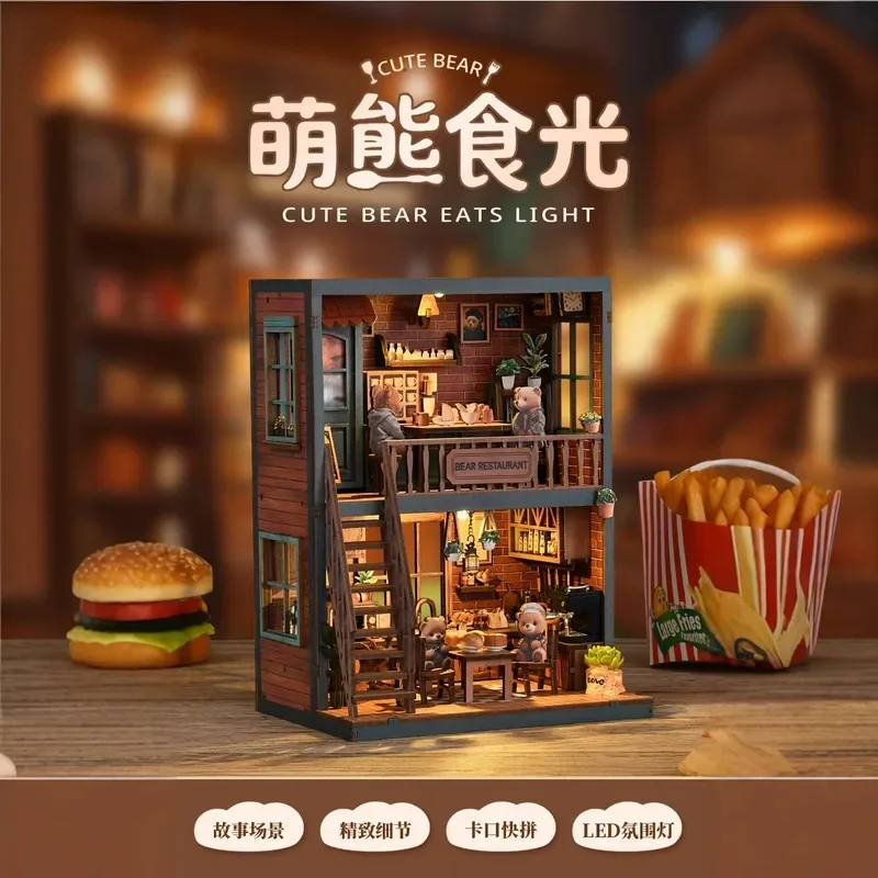 

Новая деревянная подставка для книг «Ресторан Медведей»: 3D-модель для сборки, миниатюрная сцена ручной работы, креативный подарок