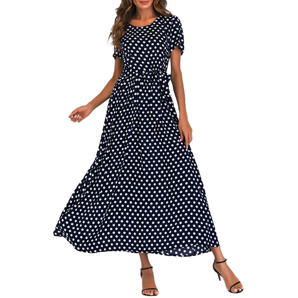 Beach Women Sleeve Bandage Dot Fashion Dress Long Polka Short Summer Dresses For Women Elegant O-Neck Short Sleeve Beach