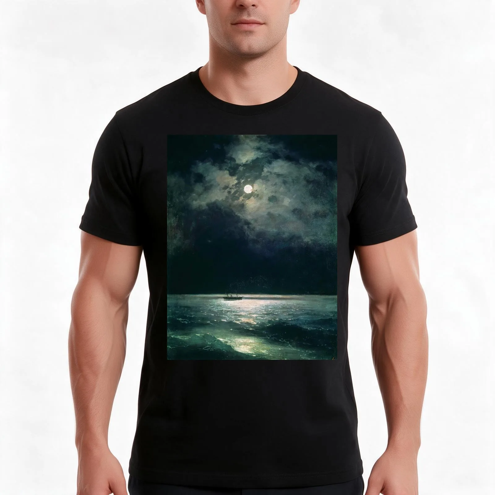 The Black Sea at night marine art by Ivan Aivazovsky T-Shirt Summer Casual Cotton Tee Oversized Streetwear Tops 100% Cotton