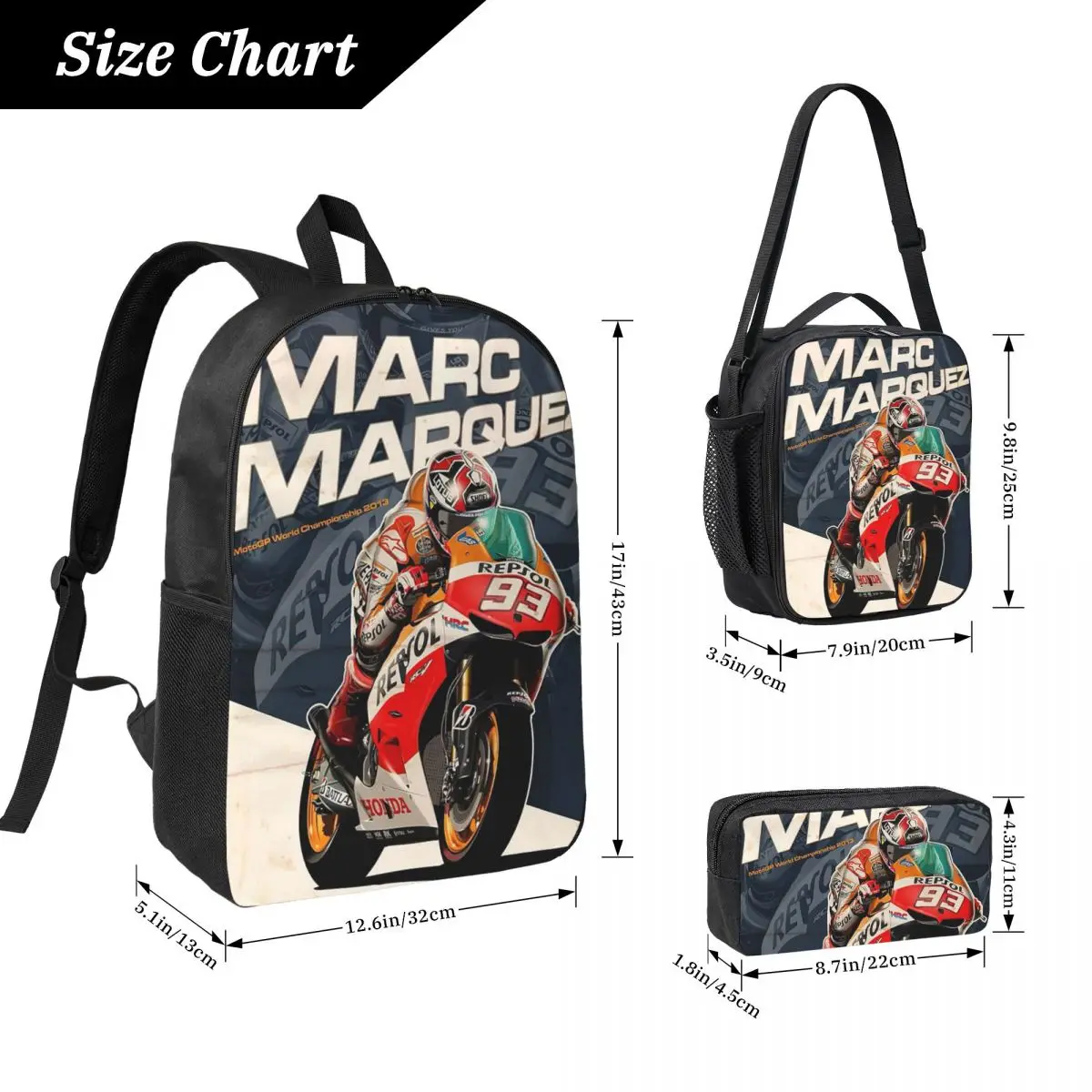 Moto Marc Marqueze 93 Zaino Ragazzi Ragazze BookBag Borsa da scuola Borse a tracolla per computer Borsa da pranzo isolata 3ps Astuccio