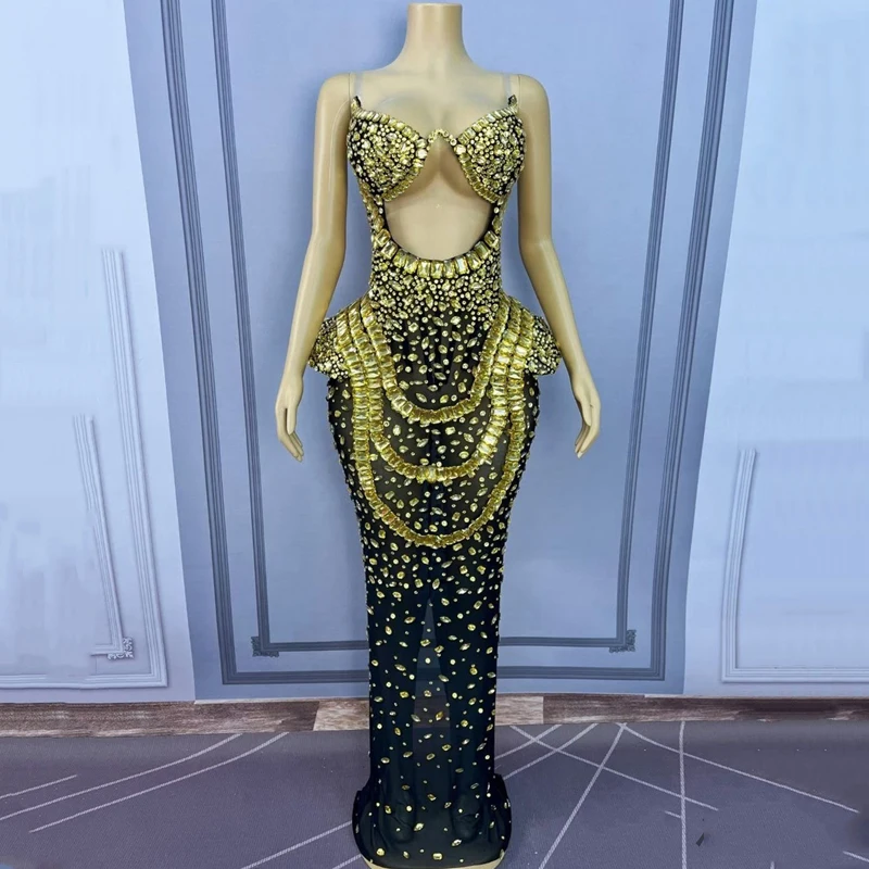 Sukienka z pełnymi zdobieniami z kryształków, strój dla piosenkarki, wieczorowa, na imprezę w klubie nocnym, festiwal, sukienki sceniczne, na wybieg, XS10259