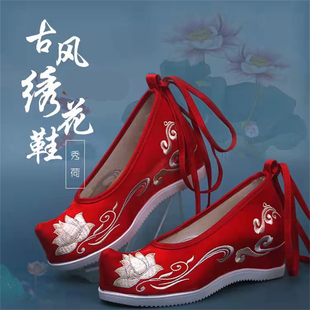 

1 pair Hanfu Shoes Women's Ancient Costumes Cloth Shoes Ethnic Style Embroidered Dance Lace-up Single Hidden Heels Girl Gift New