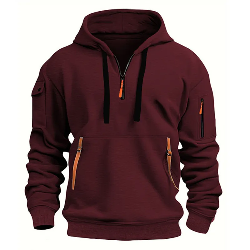 Herrenmode-Trend: Lässiger Sport-Hoodie mit mehreren Taschen und Reißverschluss, lockerer Pullover-Sweatshirt, langärmeliges Oberteil – Detail 7