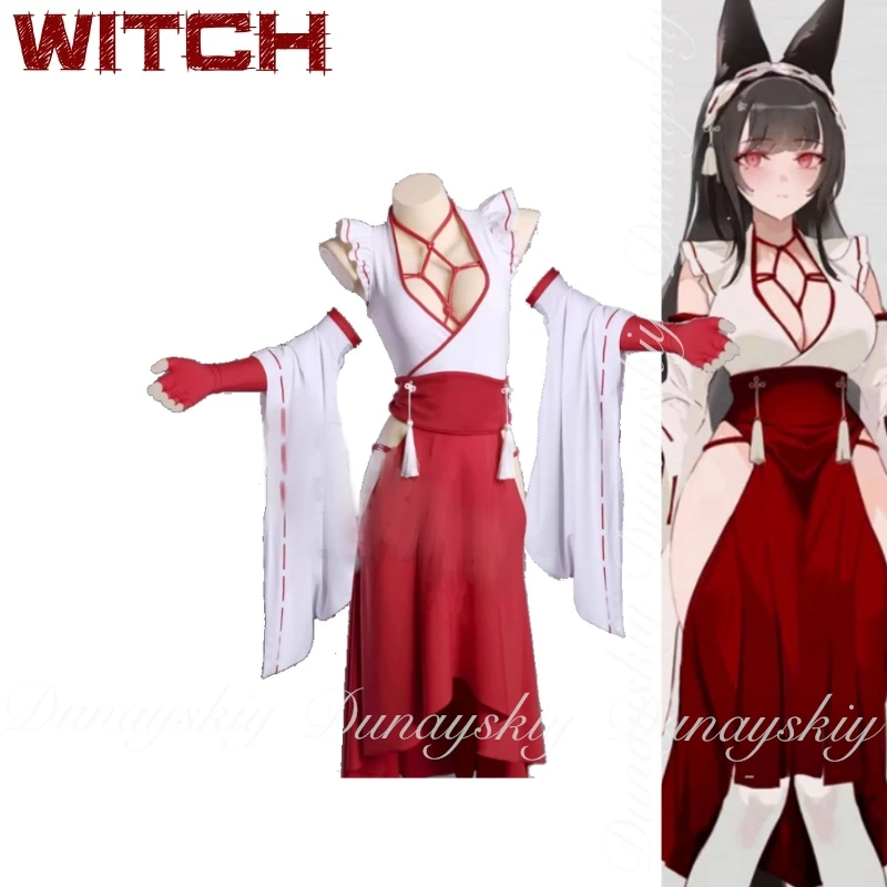 

Сдержанность сияния девичьей игры Ведьма Косплей с сексами Красный Белый наряд шамана с серым париком Косплей Костюм Полный костюм