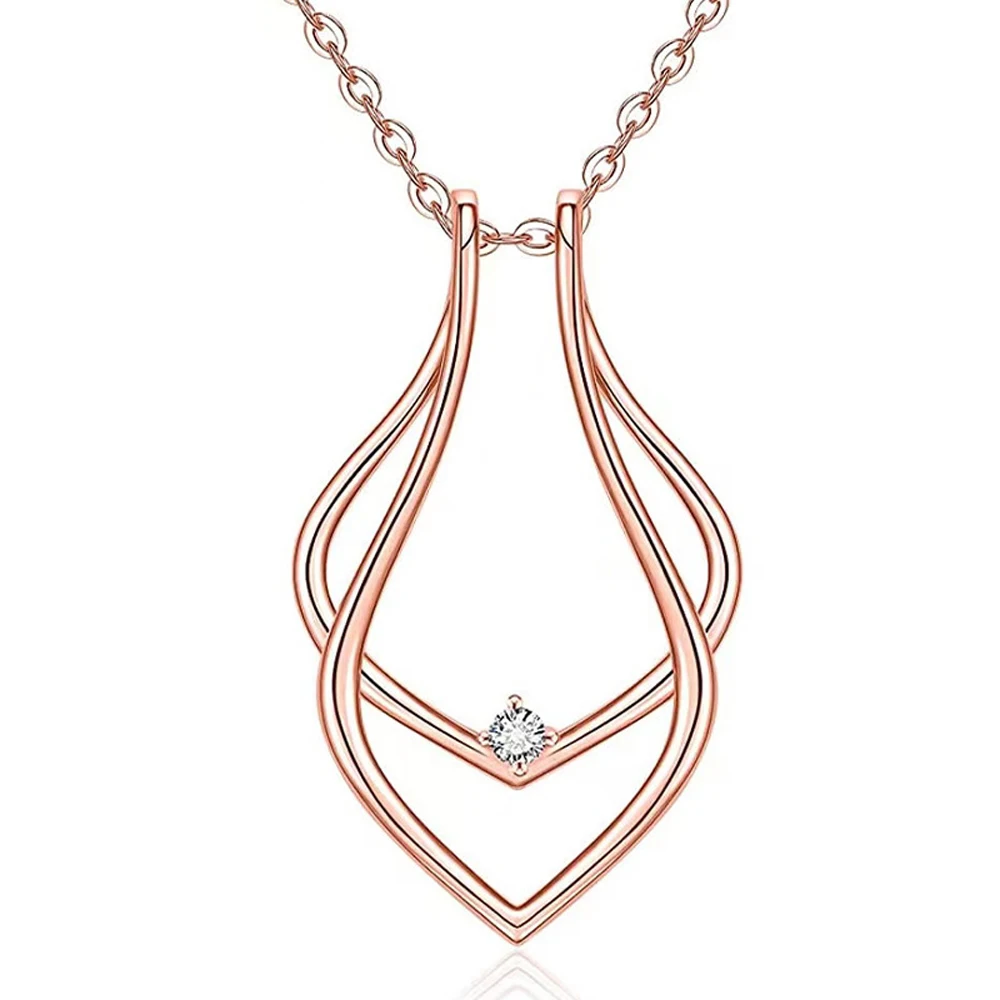 Stainless Steel Waterdrop Ring Holder Necklace For Women Men Cubic Zirconia Ring Keeper Necklaces Jewelry For Wife Girlfriend