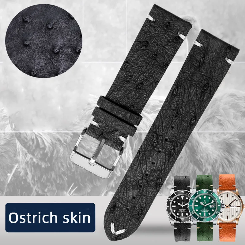 Vintage Ostrich skin soft thin leather watchband men\'s For Longines tudor Seiko Rolex strap 18m 20mm 22mm Watch band Accessories