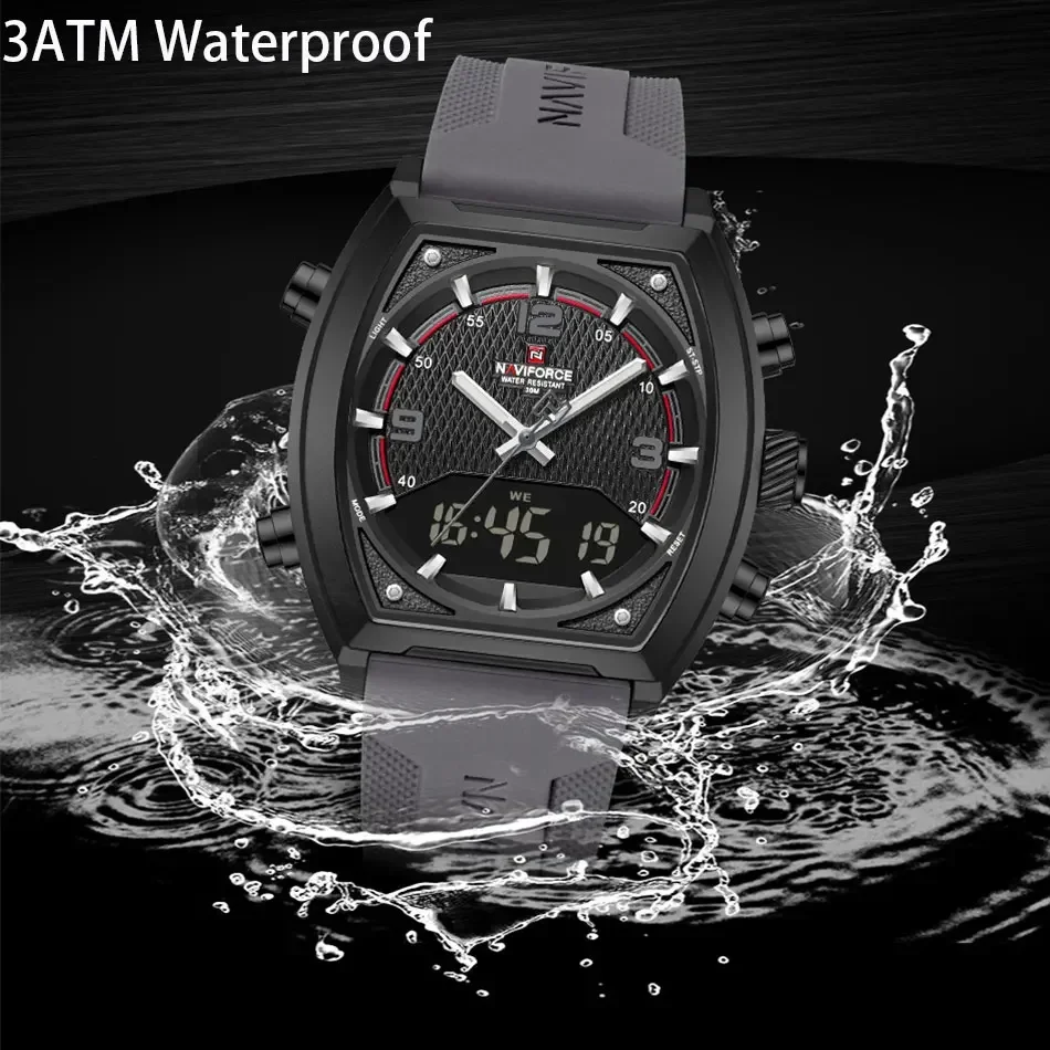 NAVIFORCE NF9242 رجال الأعمال سيليكون حزام ساعة كوارتز الهدايا الرقمية تونيو المزدوج الوقت ساعات المعصم الرياضية