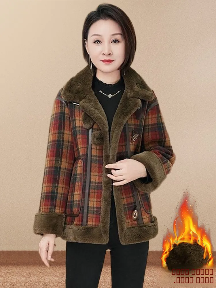 레트로 체크 양털 코트 여성용 패셔너블 따뜻한 겨울 외투 코트 여성용 겨울옷