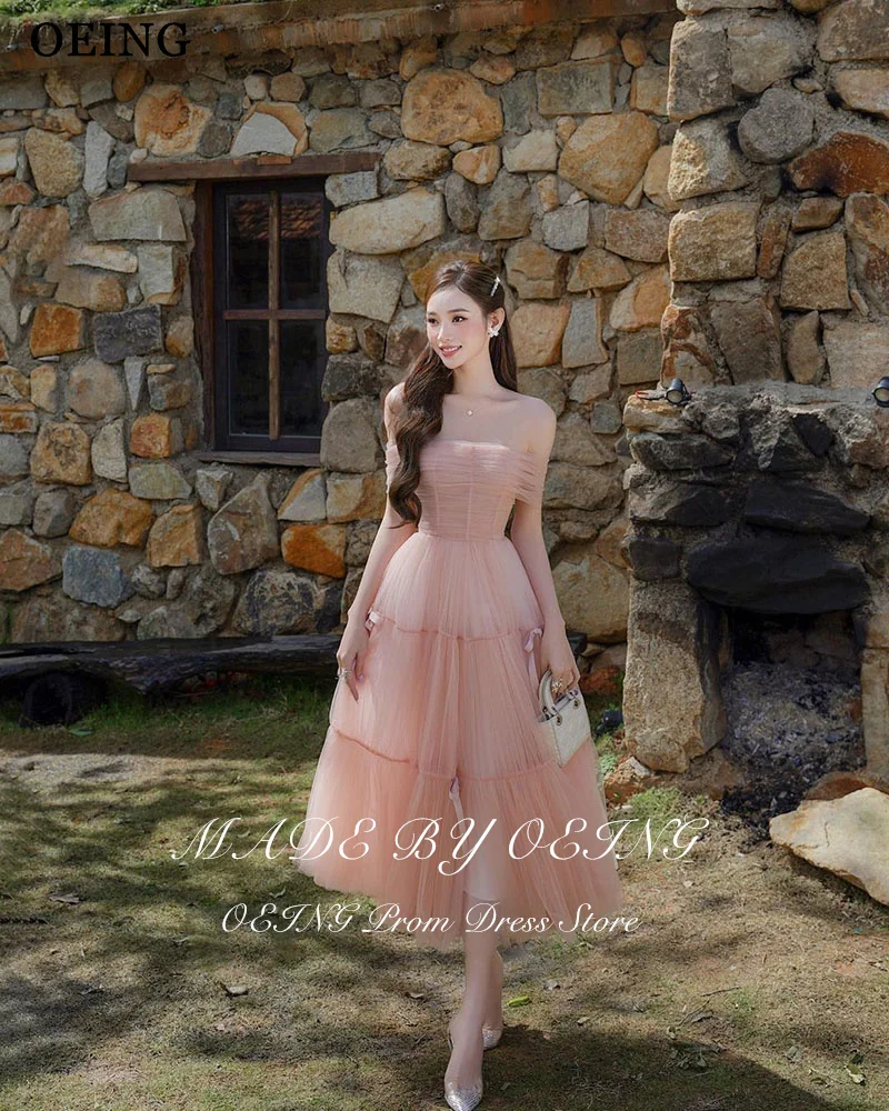 OEING Pink A-Line Princess Prom Dresses Elegant Strapless Off The Shoulder Party Gowns Simple Tea-Length Soft Tulle Customized