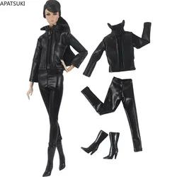 Black Leather Zipper Coat Jacket Clothes Set For Barbie Doll Outfits Pants Boots For Barbie 1/6 Dolls Accessories Kids Toys