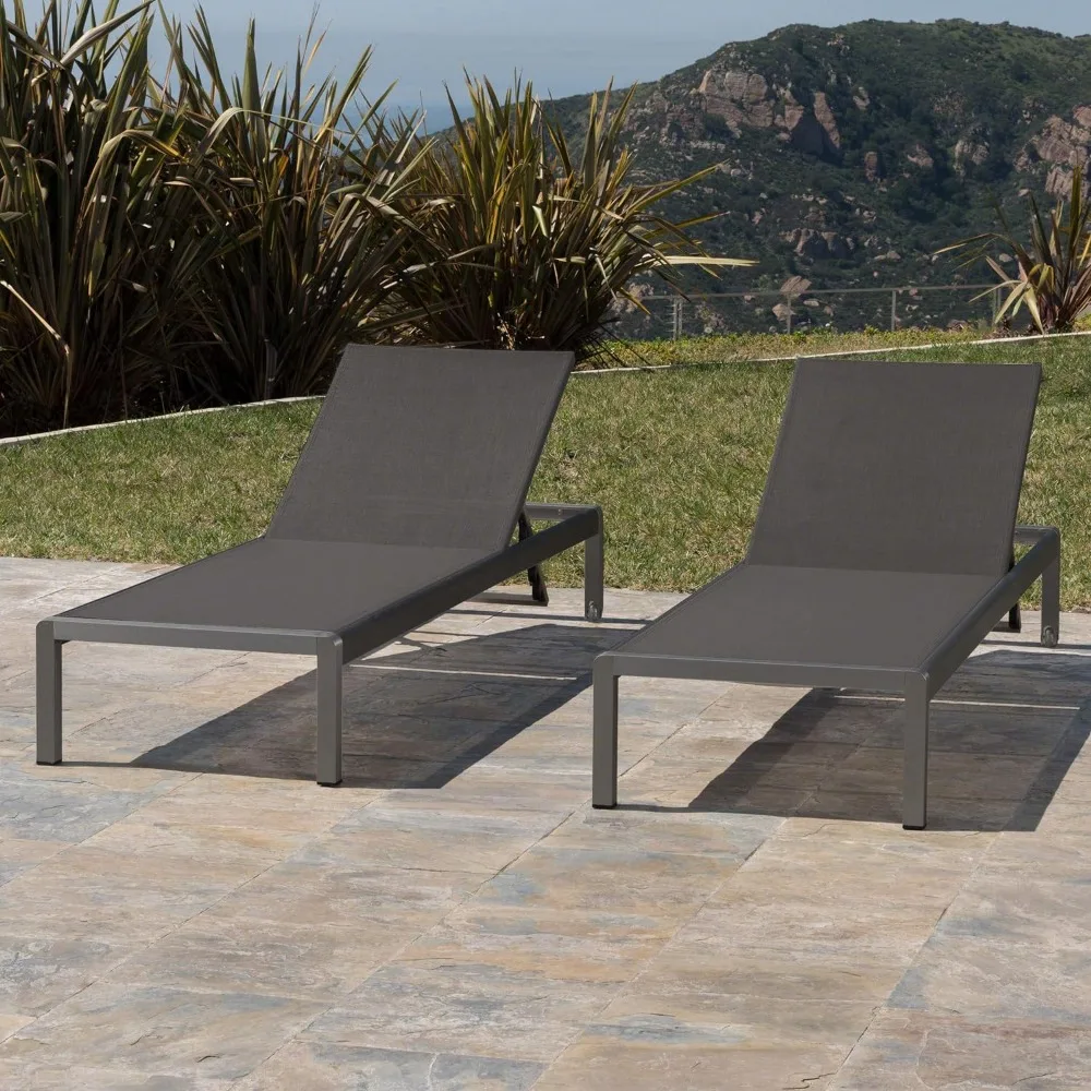 Cape Coral Outdoor Aluminum Chaise Lounges with Mesh Seat, 2-Pcs Set, Grey / Dark Grey, Head Legs with Wheels for Easy Mobility