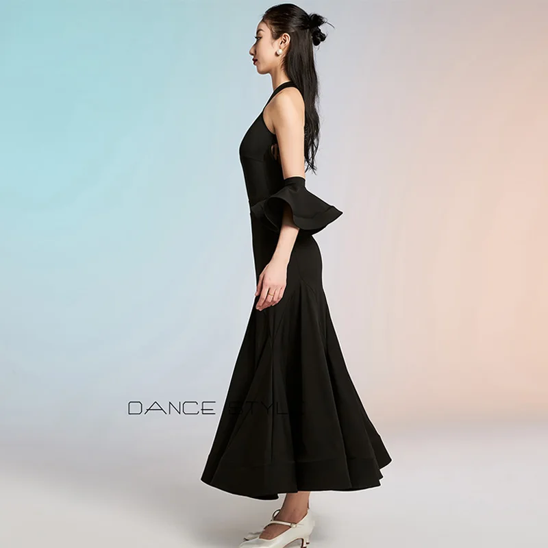 2025 neue Ballsaal Kleid Frauen Standard Modern Dance Kostüm Walzer Leistung Bühne Tragen Halter Schwarz Ballroom Dance Anzug 2582