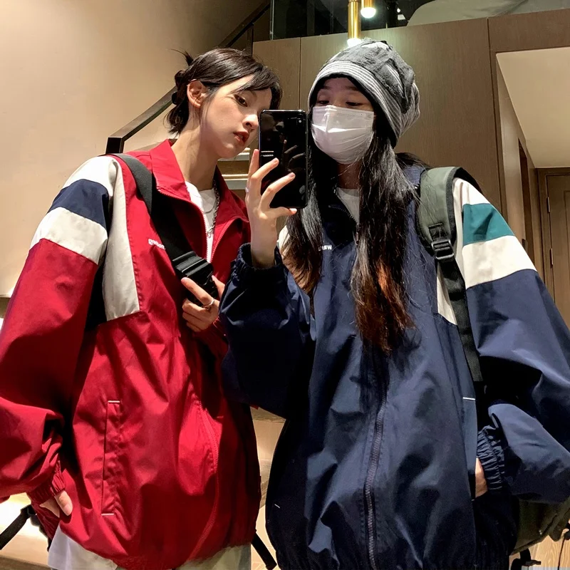 

Мужская куртка в американском ретро-стиле, модная, высококачественная, в стиле пэчворк, рабочая одежда, хип-хоп, для пар, из полиэстера, с воротником-стойкой, на молнии