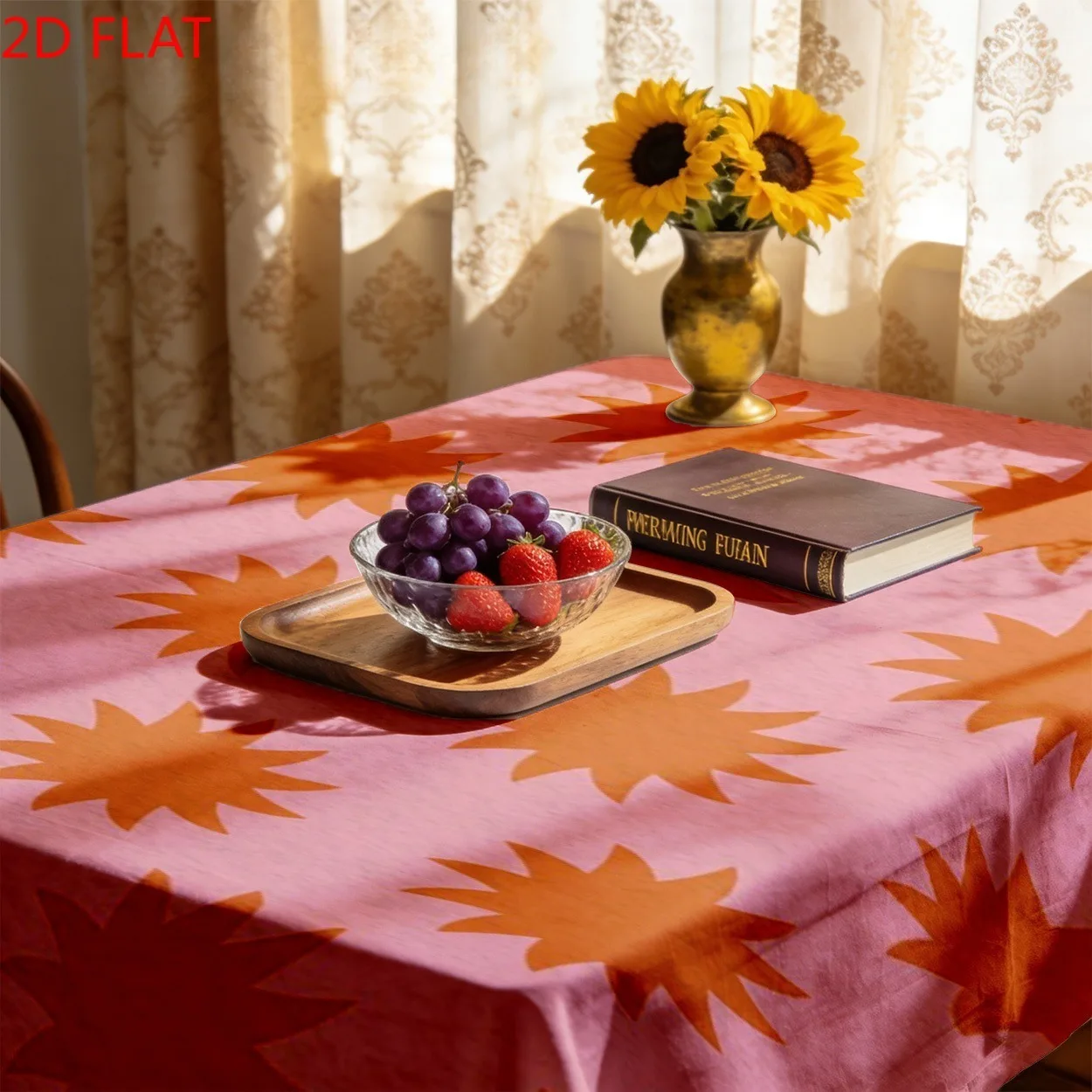 One piece of polyester tablecloth, with an orange starburst pattern and a pink-orange contrast design. Made of polyester fabric.