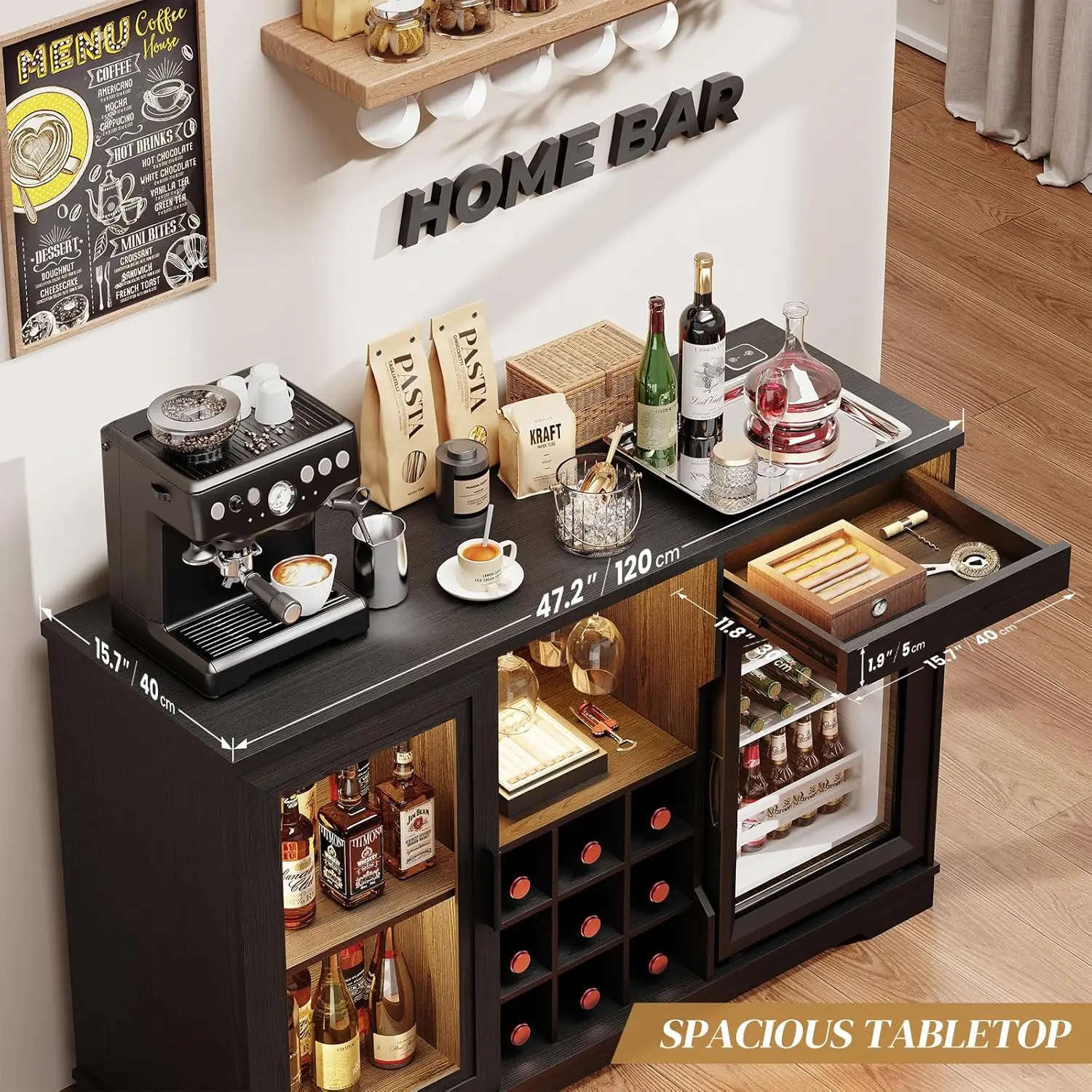 Coffee Bar Cabinet with Fridge (Fridge Included), Large Liquor Bar Cabinet with LED Lights, Glass Holder & Wine, Customized - view 4