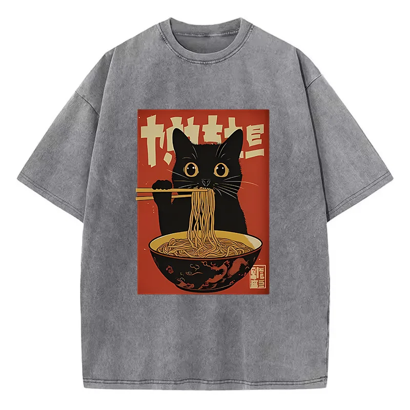 

T Shirt Vintage Washed 100% Cotton T-Shirt Black Retro Cat Eating Ramen Graphic Tee Casual Streetwear for Spring Summer Fall