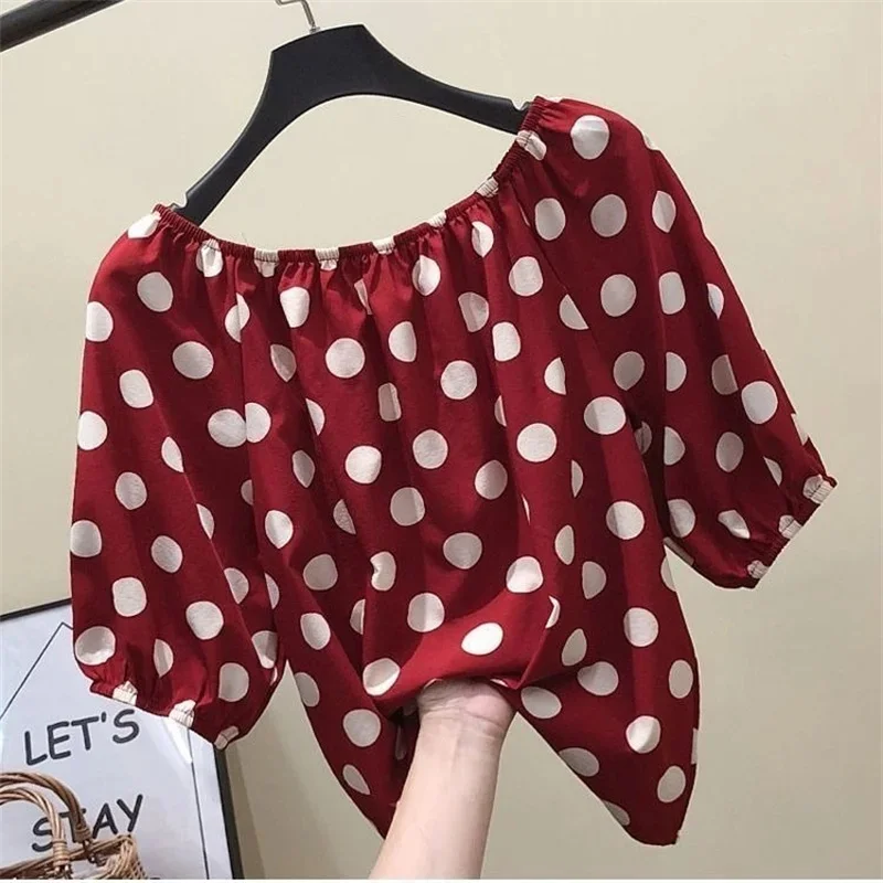 Women Spring Summer Style Loose Blouses Shirts Lady Casual Slash Neck Polka Dot Printed Blusas Tops