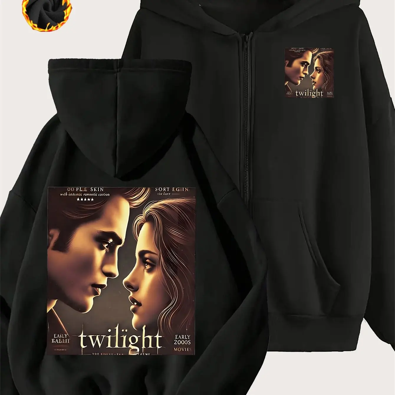 Twilight-Filmplakat-Druckmuster mit Fleece-Kapuzenpullover mit Reißverschluss, modisch und vielseitig für Herbst und Winter