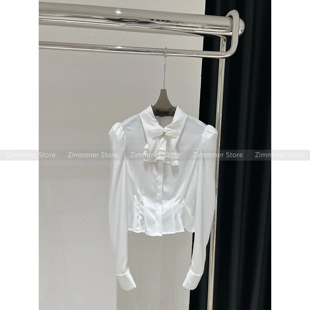 

2024 Early spring new removable bow tie retro versatile white long-sleeved pleated shirt blouse