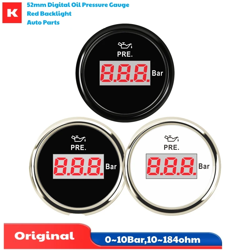 

52mm 0-10Bar Show Digital Oil Pressure Gauges 10-184ohm Input Signal Oil Pressure Meters Devices 9-32v Voltage for Auto Boat