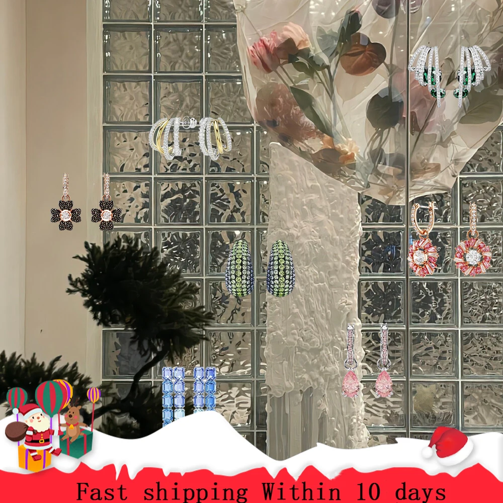 

New Fashion Snowflake Accessories Blue Square Crystal Gradient Bow Pink Romantic Earrings
