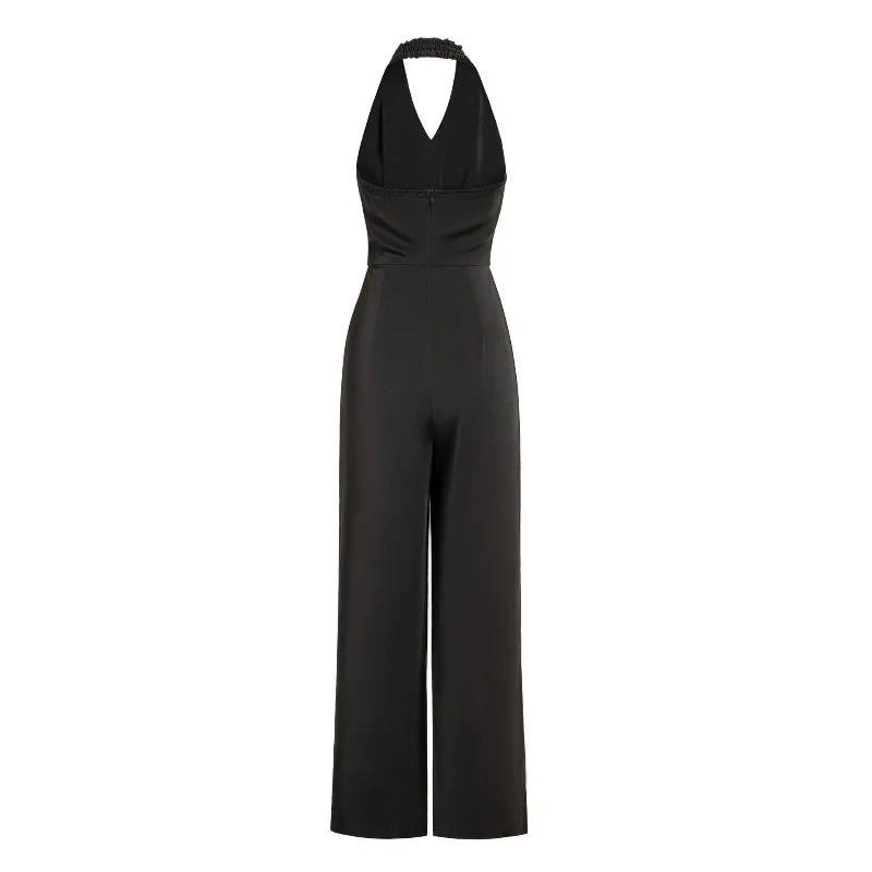 Women Black Jumpsuit Halter Neck Deep V Sleeveless Wide Leg Pants Double Breasted Gold Buttons Elegant Summer Outfit Cocktail Pa