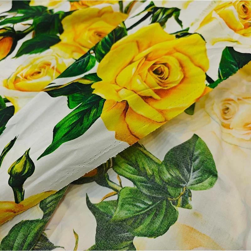 Luxury Pure Cotton Chiffon DIY Fabric High Quality for Clothing Yellow Big Flower Fashion Dress Fabrics Spring and Summer