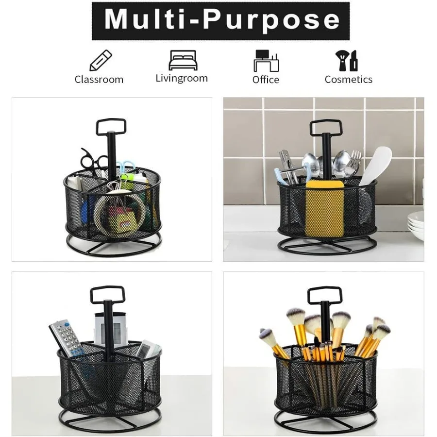 Mesh Desk Organizer 360Degree Rotating MultiFunctional Pen Holder 4 Compartments Desktop Stationary Organizer Home Office Art S