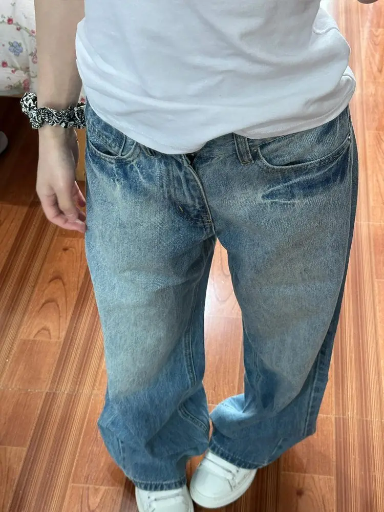 여성용 하이웨이스트 스플라이싱 아메리칸 패션 스택드 러플 플리츠 드레이프 스플릿 슬릿 비대칭 디테일 사이드 데님