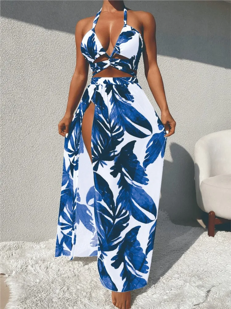 

Retro Bikini Sets Printed Fashion 3 Piece Swimsuit And Cover Up With Skirt Tight Women's Bandage Summer Beach Luxury Elegant