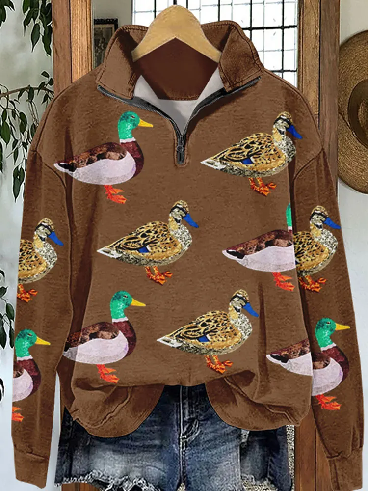 Shiny Camping Duck Print Sweatshirt