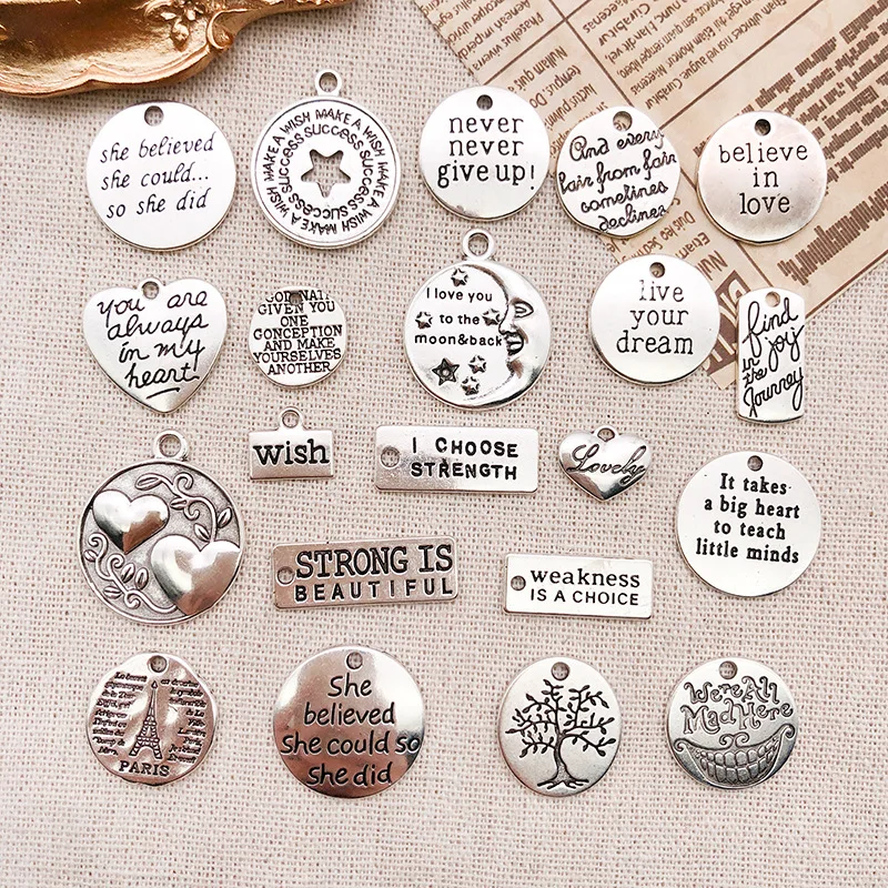 5/10/20 piezas antiguo plateado grabado palabras inspiradoras letras dijes colgantes de aleación de Metal para accesorios de fabricación de joyería DIY