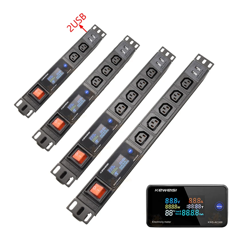 IEC C14 power supply board with 2-10 outlets for digital V/A/W/℃ meter PDU power distribution device with 2USB 2M cable