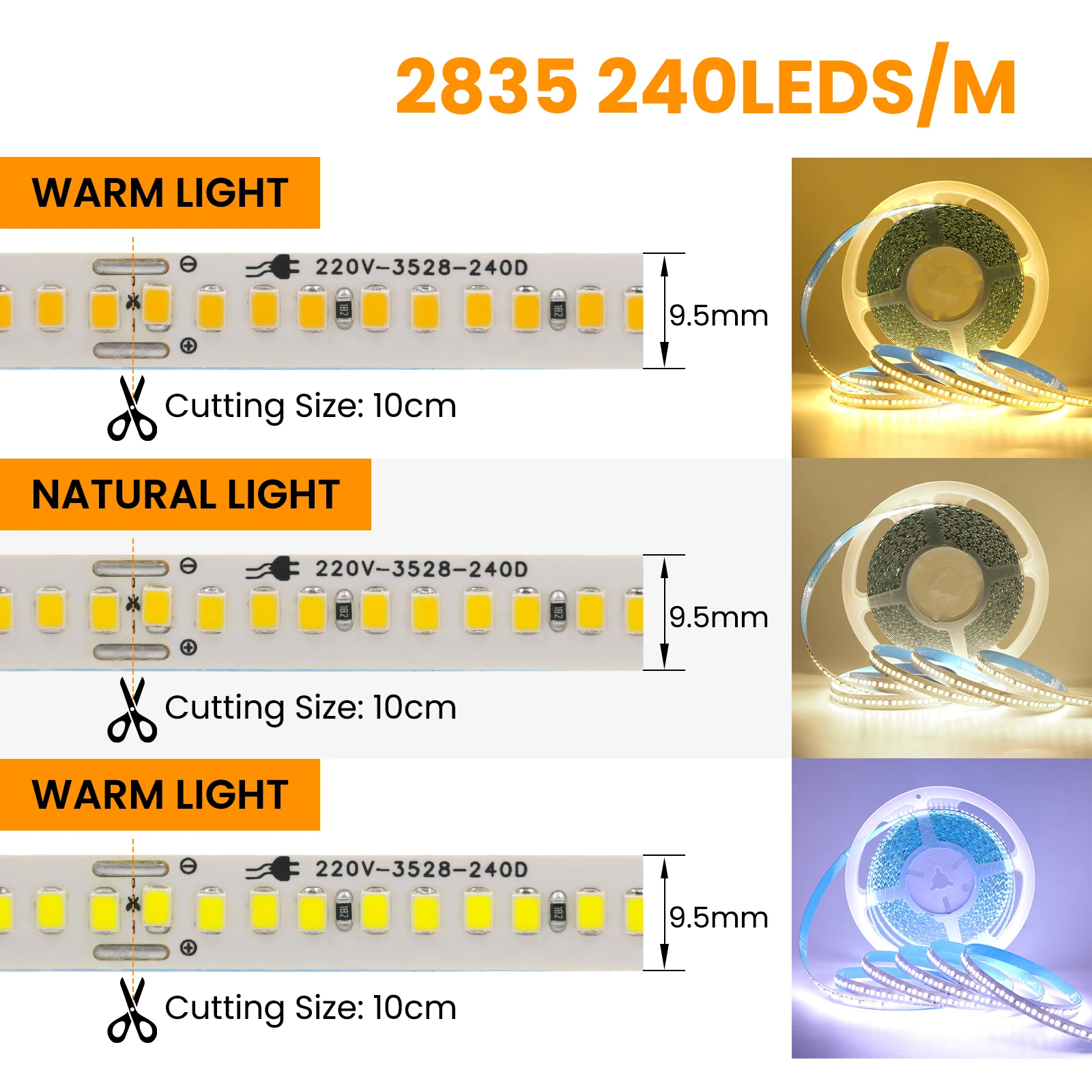 AC 220V 110V LEDストリップライト、US/EU/2ピンケーブル付き、240LEDs/M、IP44、自己粘着式フレキシブルリボンテープ、ホームデコレーションライト、5M、10M、20M