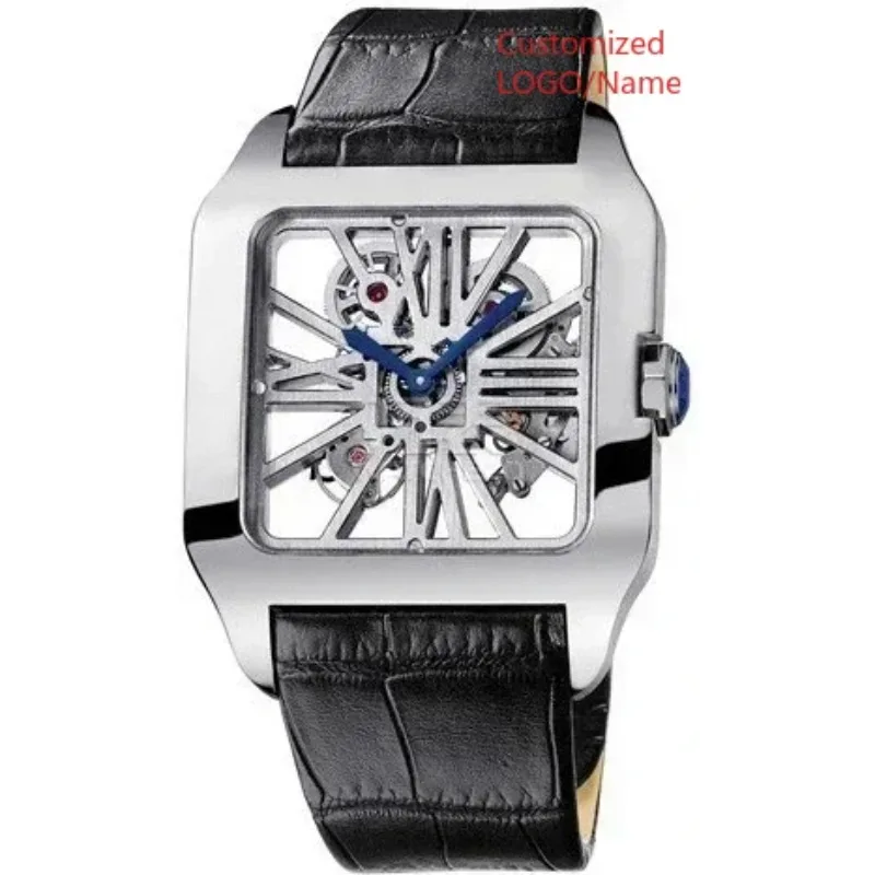 Модные часы Кварцевые полые часы из нержавеющей стали Синие кожаные квадратные наручные часы Мужские по индивидуальному заказу