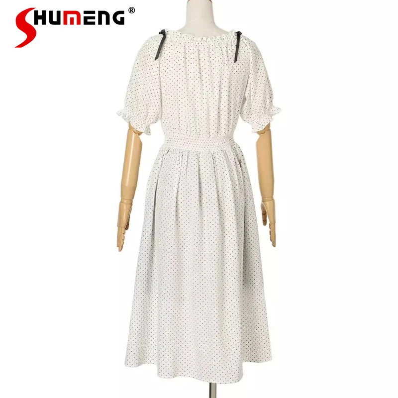 

Japanese Versatile Polka Dot Sweet Dress Slimming Off-Shoulder Loose Soft Polka Dot Long Dresses Rojita Y2k Mid-Length Vestidos
