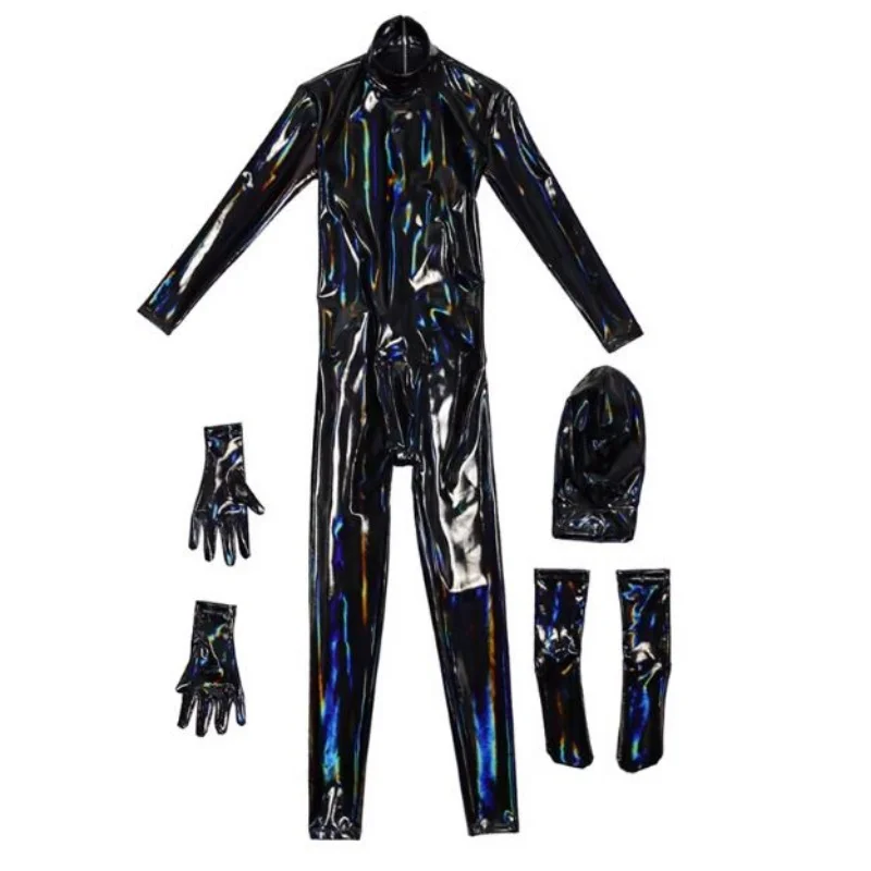 

Sexy Men Laser Shiny PU Leather Elastic Bodysuit Leotard Conjoined Jumpsuit Shapewear PVC Night Club Cosplay Zentai Set