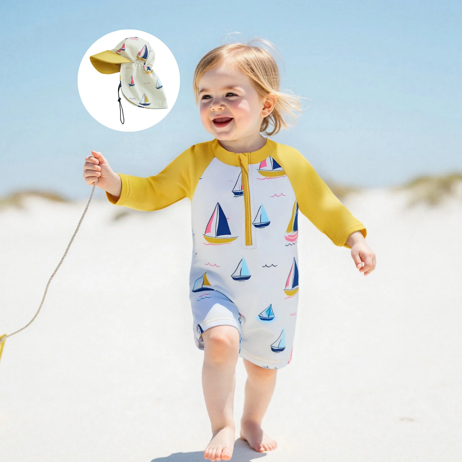 Toddler Boy Rash Guard Swimwear with Hat 2Pcs Set Sailboat Print Zip Up Long Sleeve Crew Neck Swimsuit Romper for Beach Pool