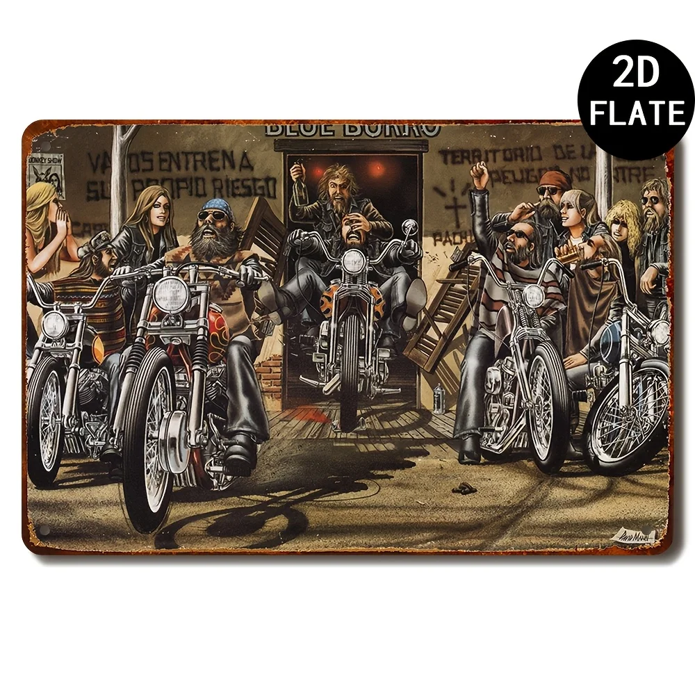 Sinal de metal vintage David Mann para motociclista - arte retrô de motociclista com choppers clássicos e cena de performance ao vivo para casa