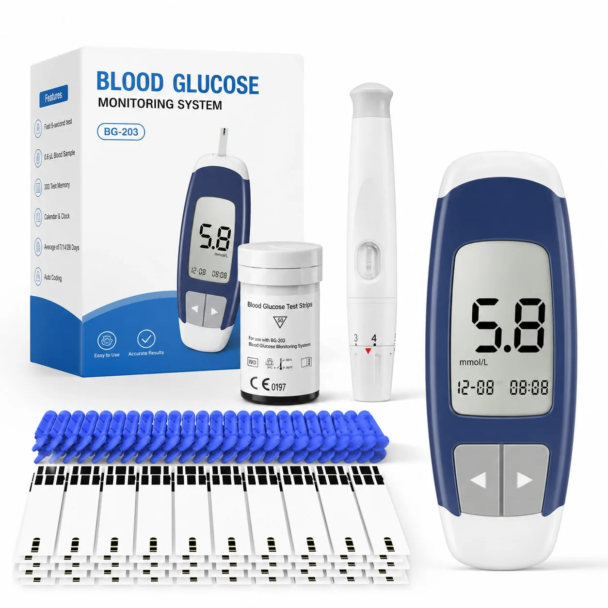 SEJOY Blutzuckermessgerät Glucometer-Kit Diabetes-Tester 50 Teststreifen Lanzetten Medizinischer Blutzuckermonitor BG-203