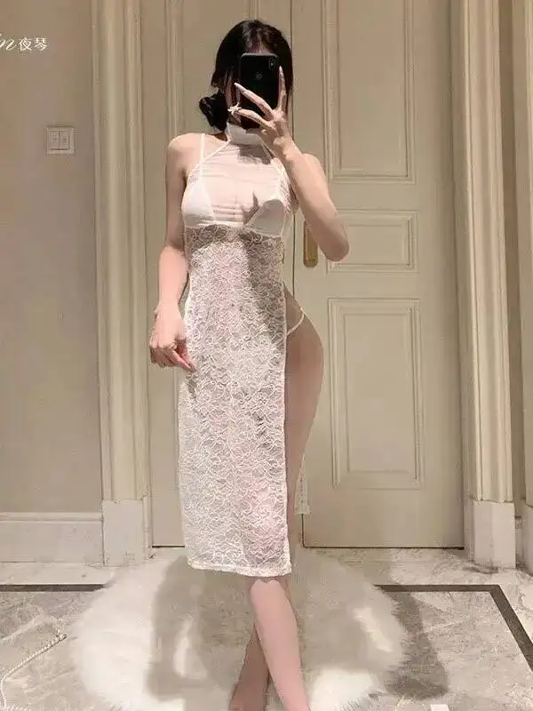 Sexy pure réservoir Mini robe douce chaude Sexy haut pour femme 2025 nouvelle sangle longue robe élégante haute fente Sexy dentelle Ultra-mince ZZR0