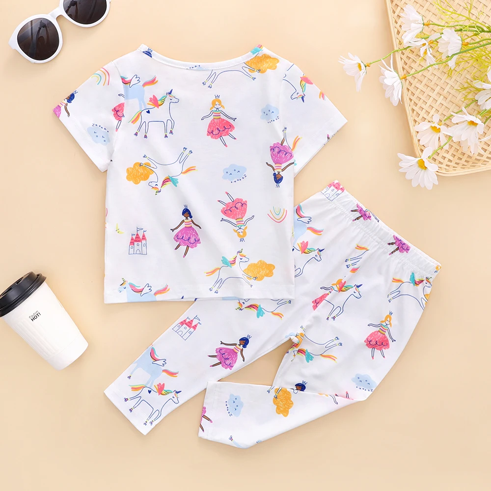 Pajamas Baby Girls Princess Unicorn Rainbow Printed Infant Children Kids Short Sleeved Shirt and Long Pants