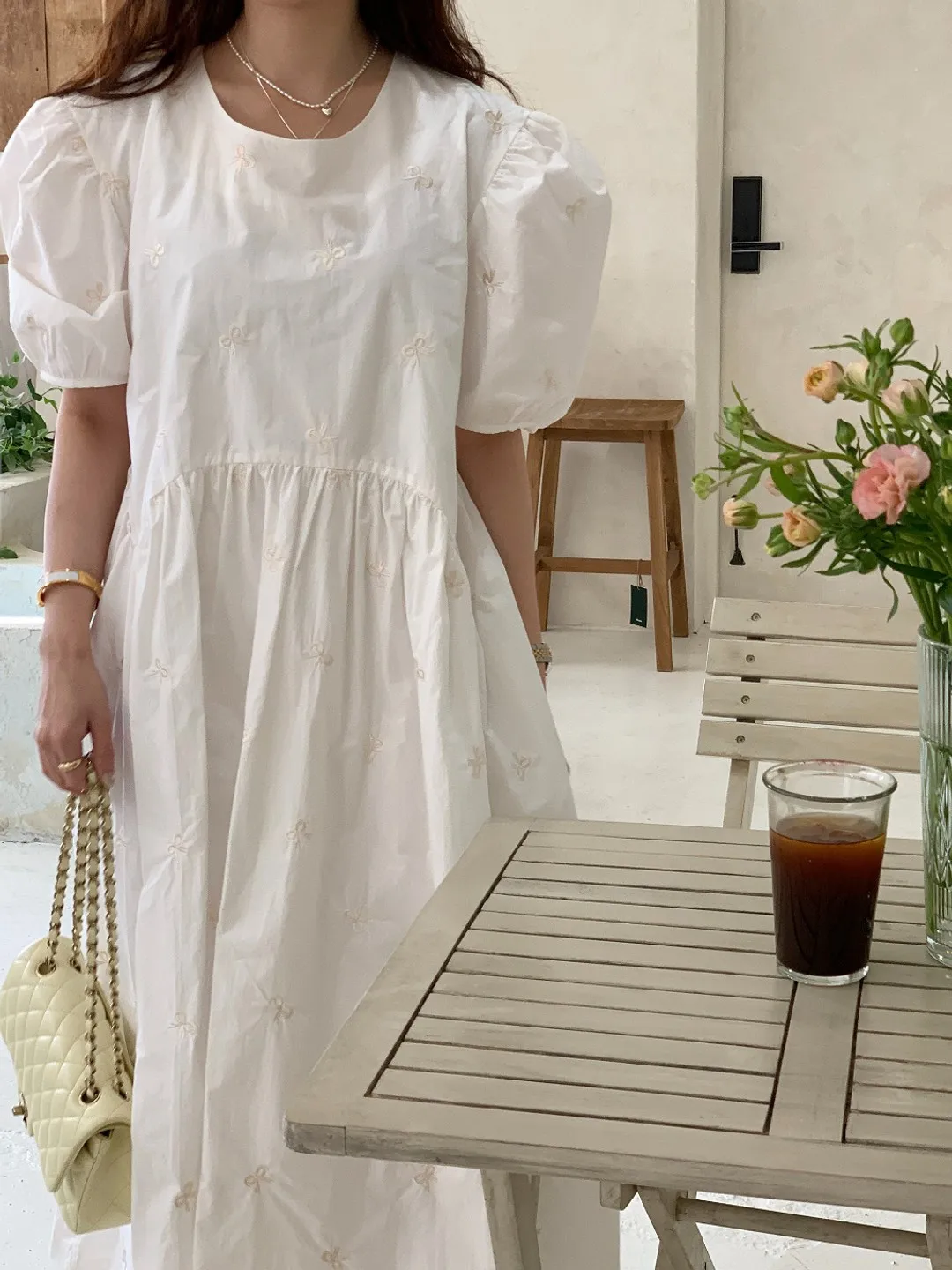 Korejpaa Casual Retro Summer Dress moda coreana girocollo fiocco ricamo abiti da donna elegante manica a sbuffo abiti Femme