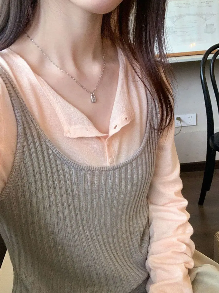 Korean Style Girl's Knitted Vest Top Set Women's Bookish Oxygen Feeling Fashion Two-Piece Set Breathable Long Sleeve Slim Fit