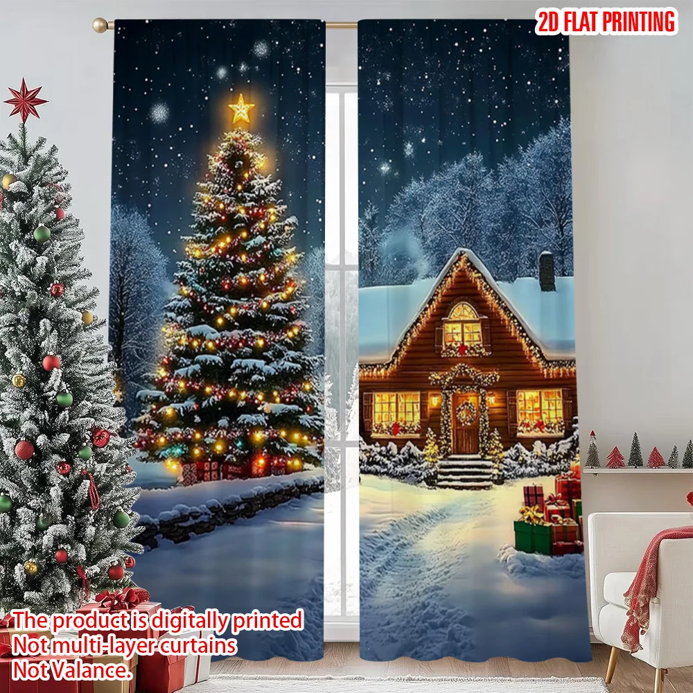 

2pcs 2D flat printing Christmas Window Curtains Holiday Christmas House Versatile 100% Polyester Without Electricity Festive