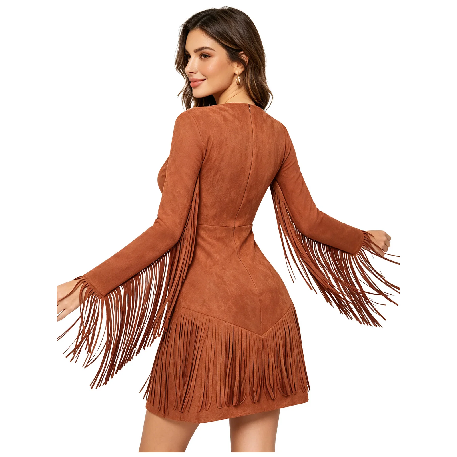

Women Primitive Caveman Tribal Cosplay Costume Tassel Lace-up Placket Retro Brocade Fringed Dress for Halloween Party