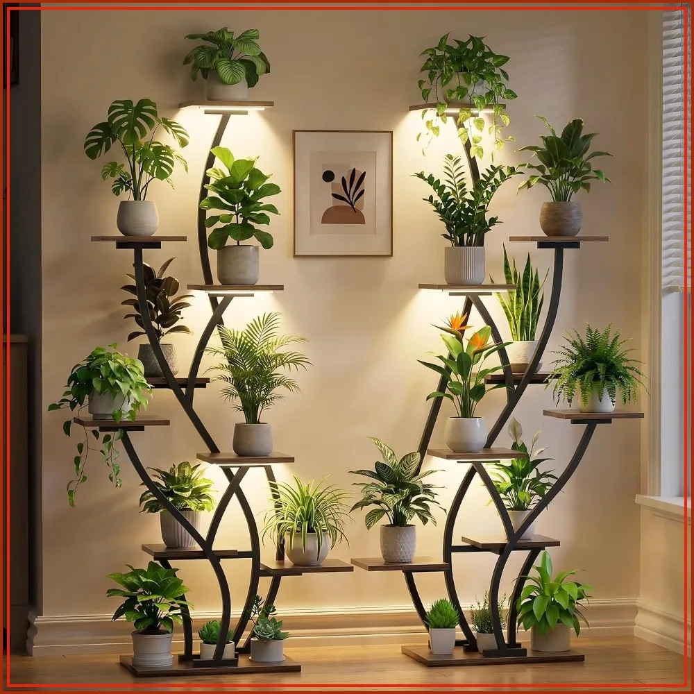 2 Pack Indoor Plant Stand with Grow Light, Tall Large Lighted Plant Shelf