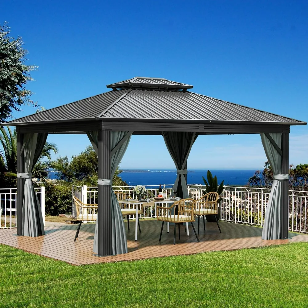 12x14 ft Hard Top Gazebo with Netting and Curtains, Heavy Duty Double Roof Galvanized Steel Outdoor Vertical Striped Roof Combo