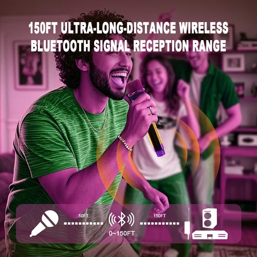 Imagen 2 del producto Sistema con micrófono inalámbrico profesional para Karaoke, DJ, 2 canales, con micrófono morado colorido, receptor inalámbrico recargable para fiesta y DJ