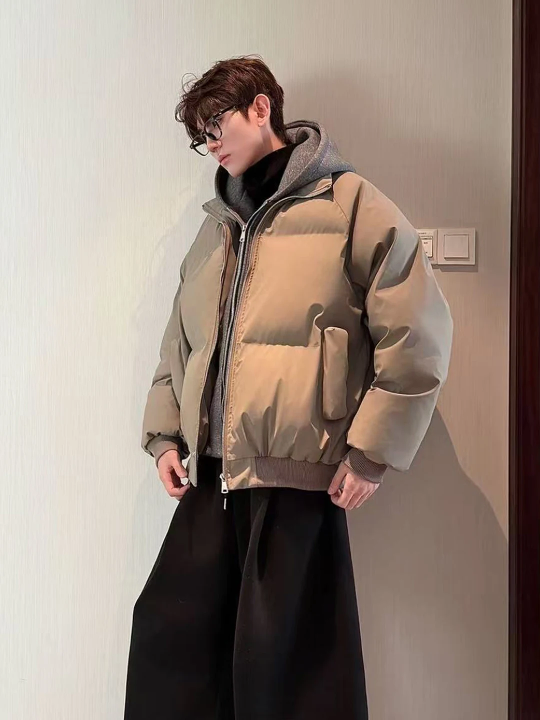 HN 트렌디 브랜드 겨울용 PU 가죽 후드 재킷 남성용 루즈핏 다용도 코튼 재킷 이중 지퍼 보온